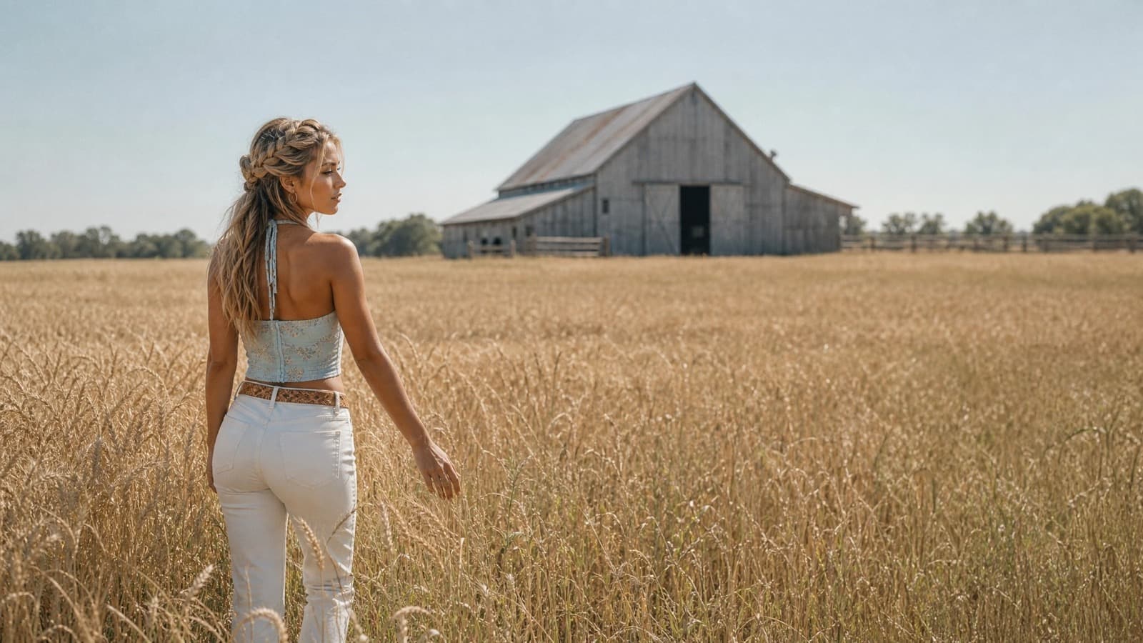 Goldie Boone walking away through a wheat field toward a weathered timber barn under an open sky