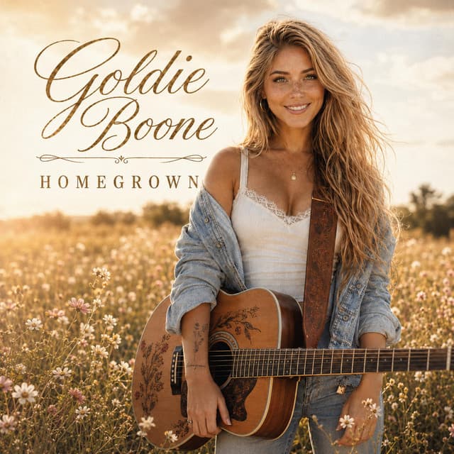 Homegrown album cover: Goldie Boone in a wildflower field holding an acoustic guitar, her name in gold script above the title